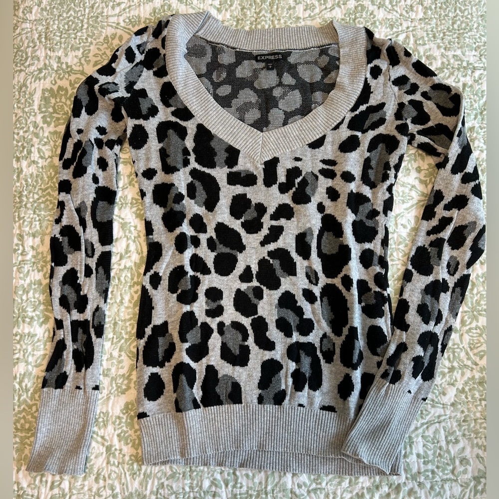 Express Gray Animal Print Knit Sweater